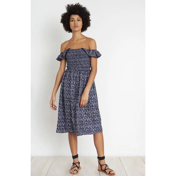 NWT Apiece Apart Lamu Blue Silk Smocked Ruffle Off the Shoulder Midi Dress Sz 2 - Picture 3 of 7